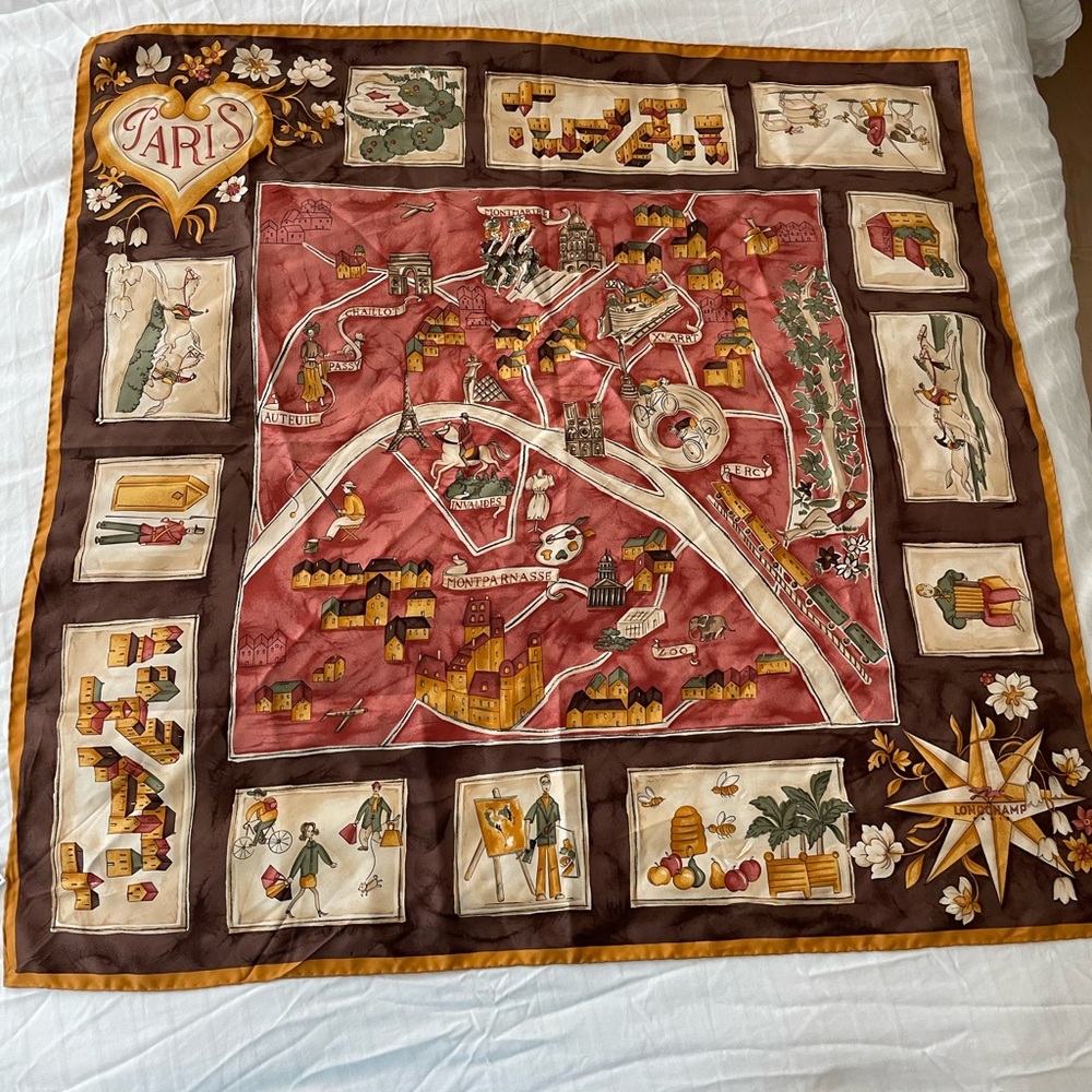 LONGCHAMP Map Of Paris HAND ROLLED SQUARE silk scarf Wrap 34”x34" Made Italy! 🥰